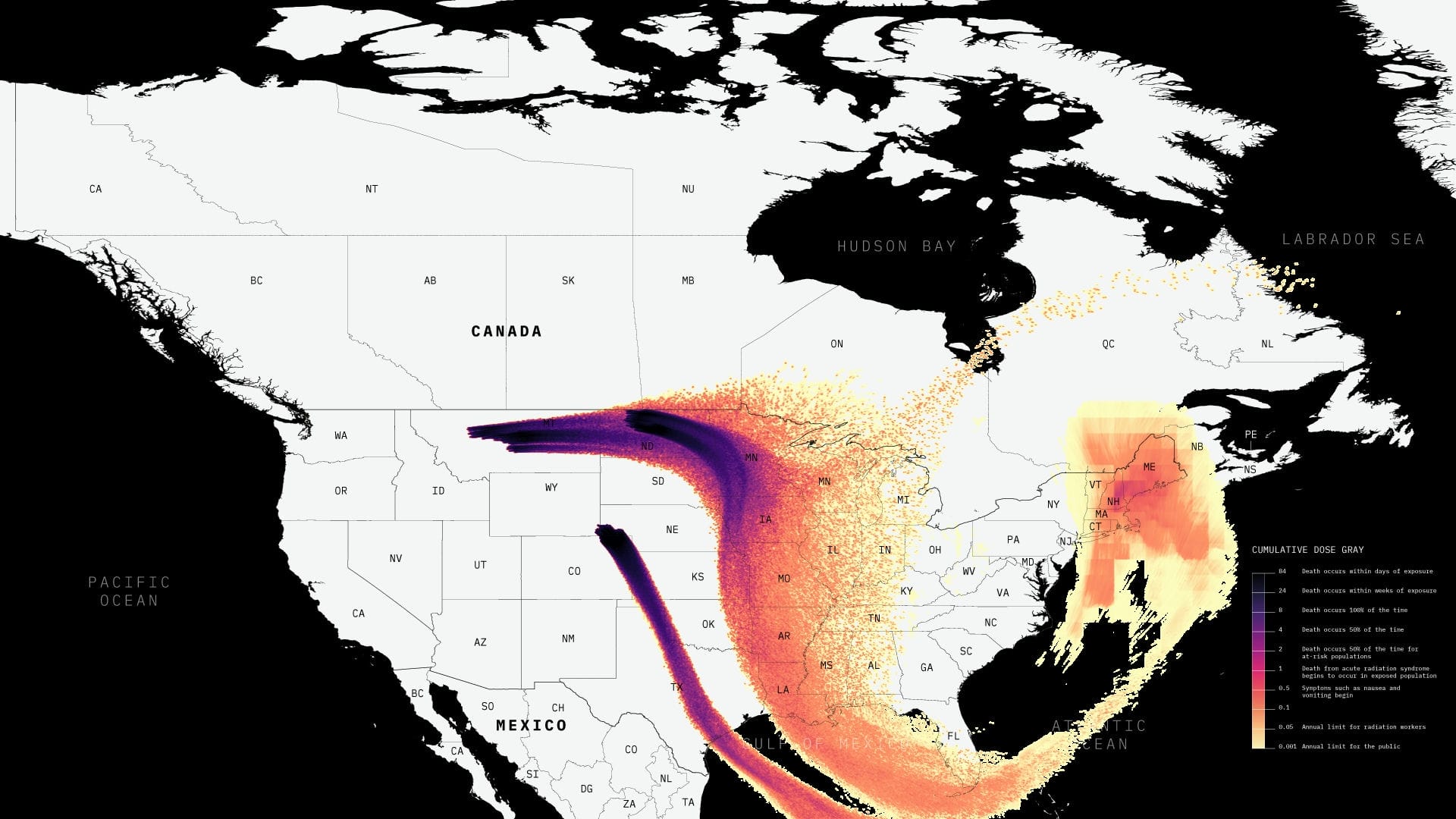 Fallout from a concerted attack on the missile silos. The map shows the outdoor cumulative radiation dose that would be experienced by populations downwind (Map by Svitlana Lavrenchuk, Data by Sebastien Philippe and Ivan Stepanov).