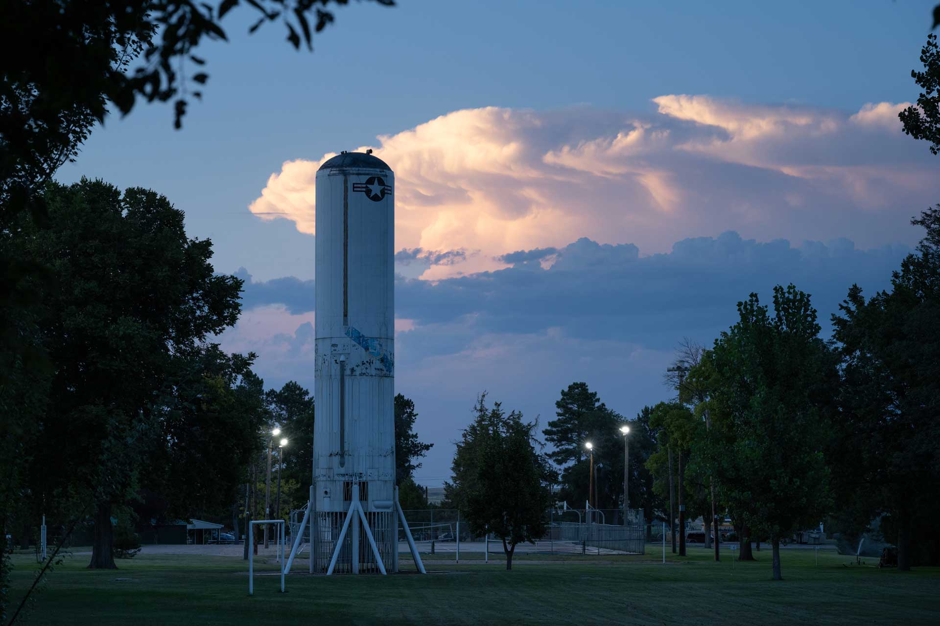 A decommissioned Titan I land-based nuclear missile stands in a park in Kimball, NE. The city is known as “Missile Center USA.” Erected in 1968, the deteriorating missile was removed in September 2023 because it had become a public hazard. (Photo by Nina Berman).